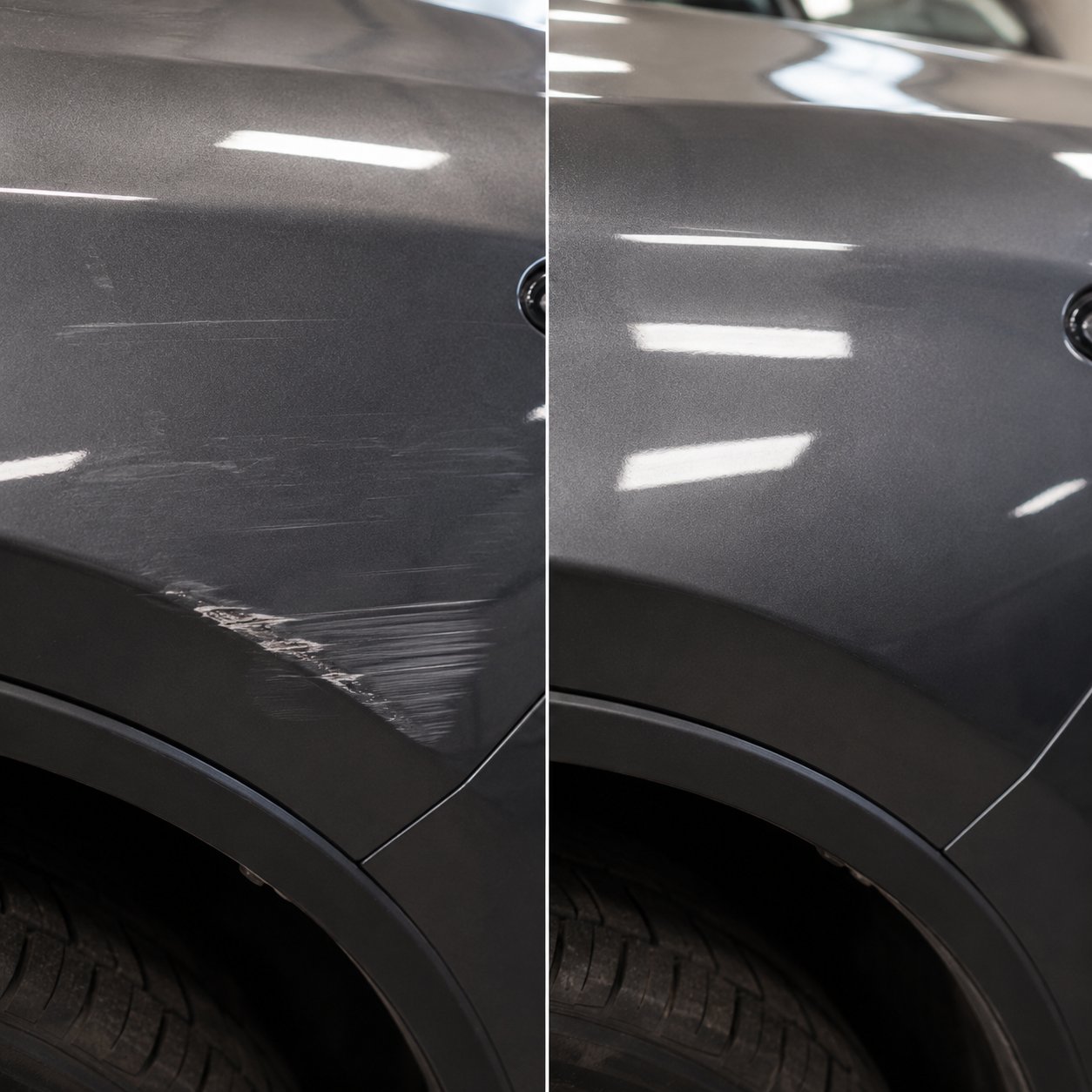 Collision repair before and after on a vehicle panel at Mikes Body Shop in Jackson WY