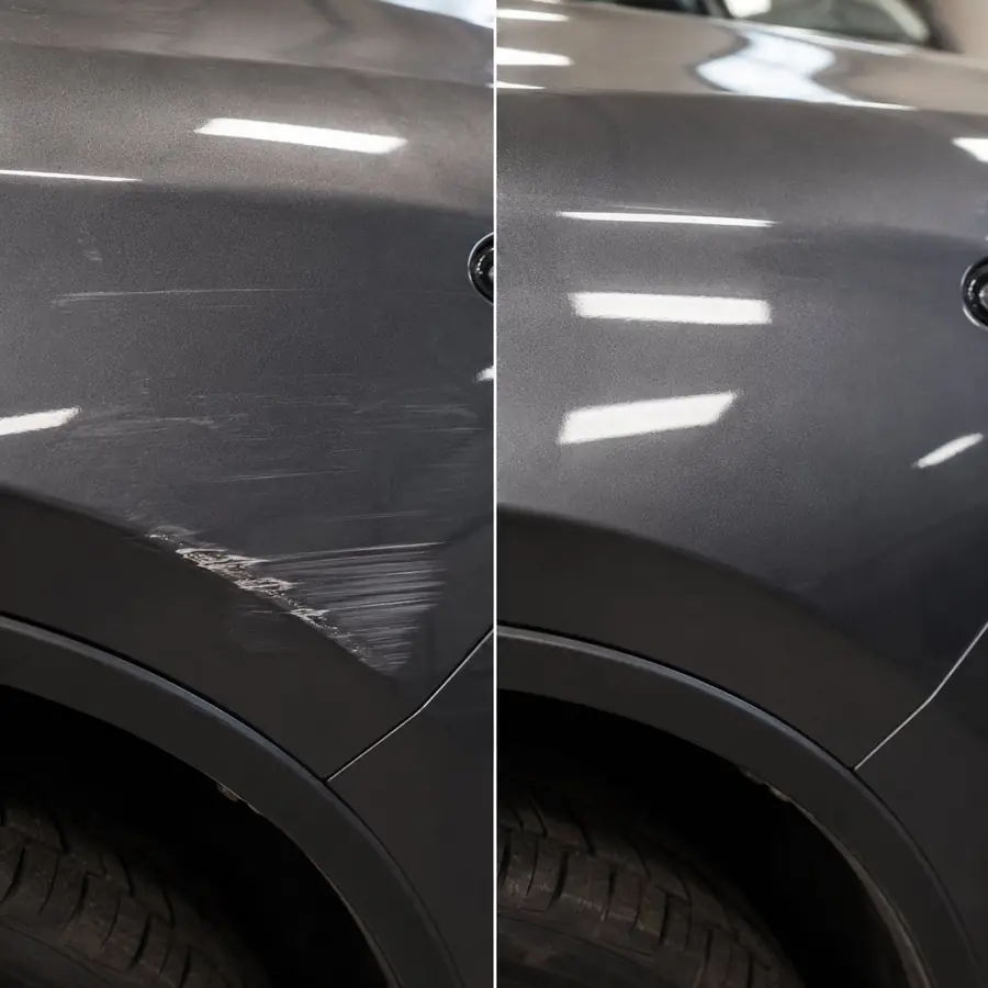 Collision repair before and after on a vehicle panel at Mikes Body Shop in Jackson WY