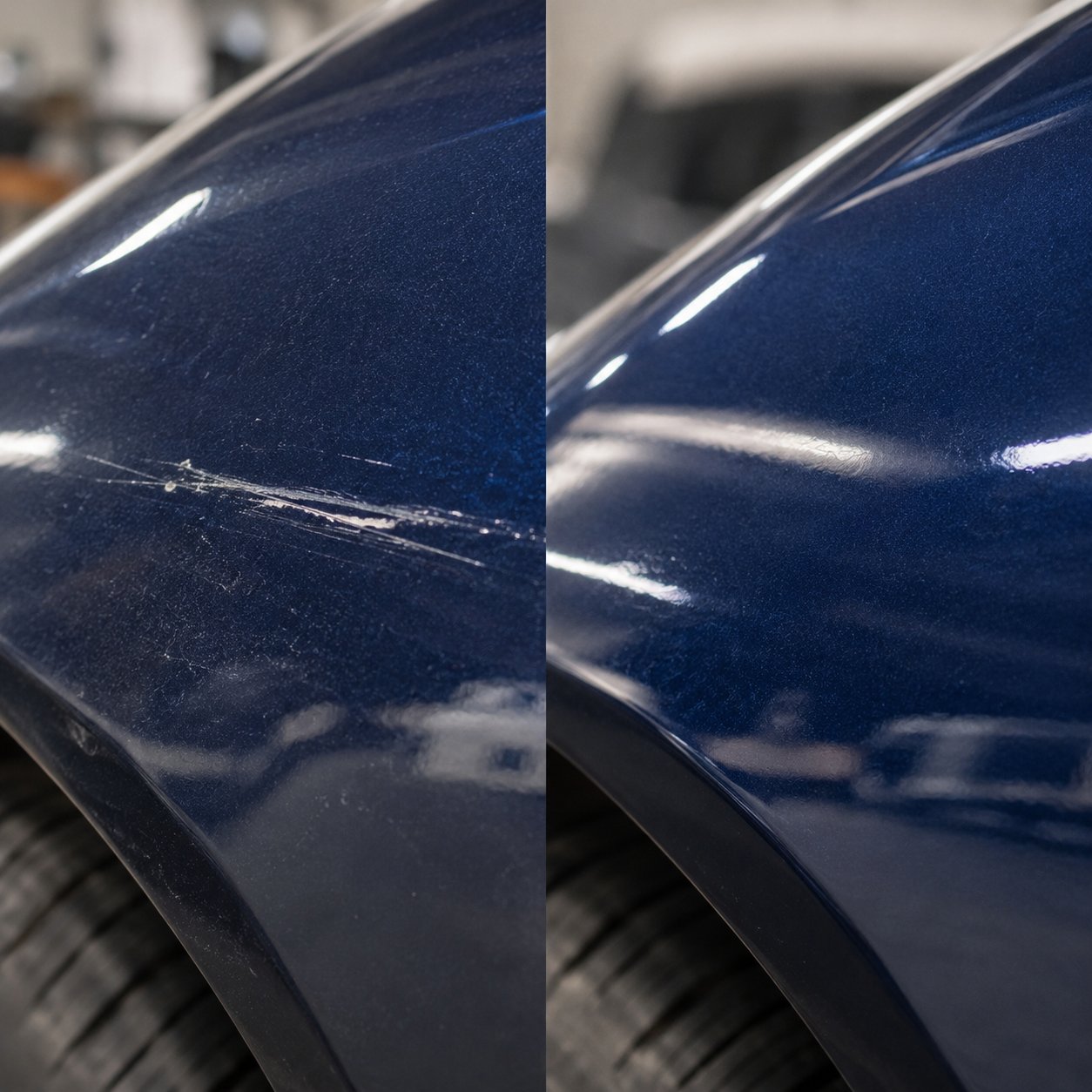 Scratch repair before and after on a car panel at Mikes Body Shop in Jackson WY